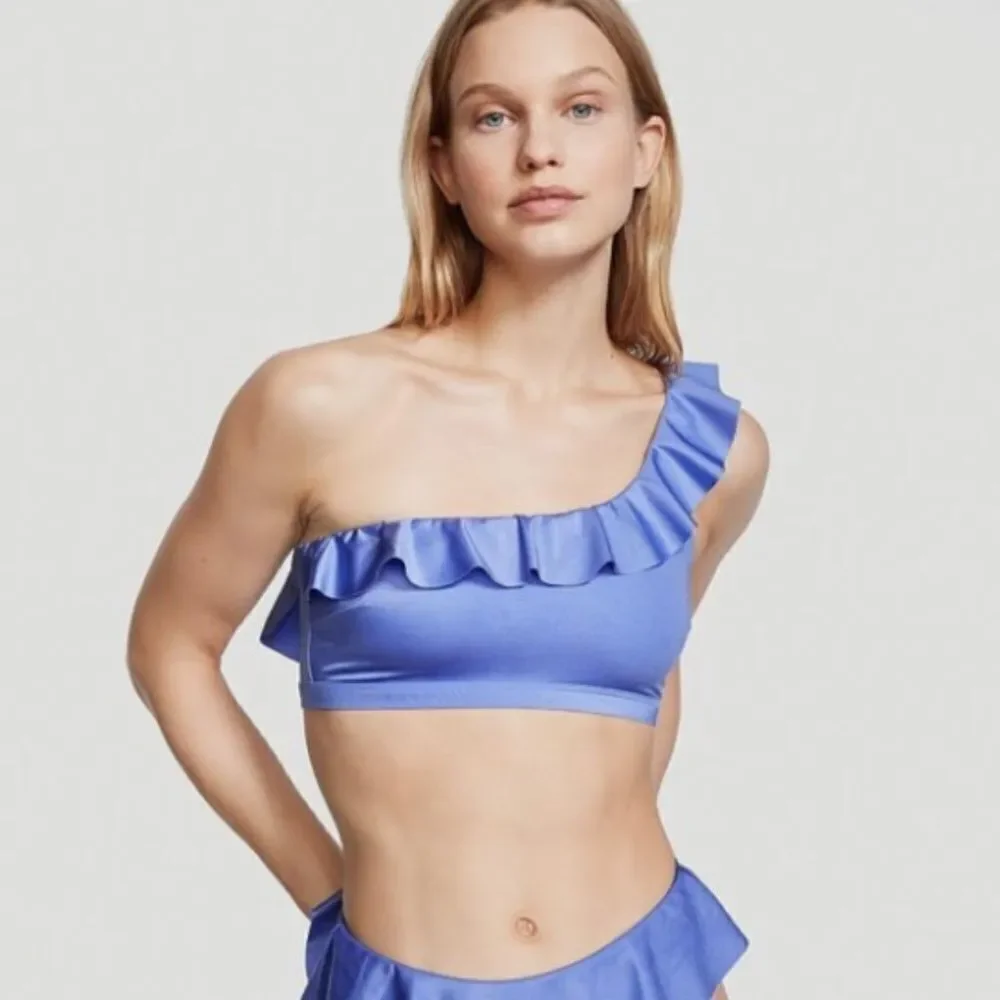 NWT VS Victorias Secret  Blue One Shoulder Ruffle Bikini Swimsuit 2pc Large